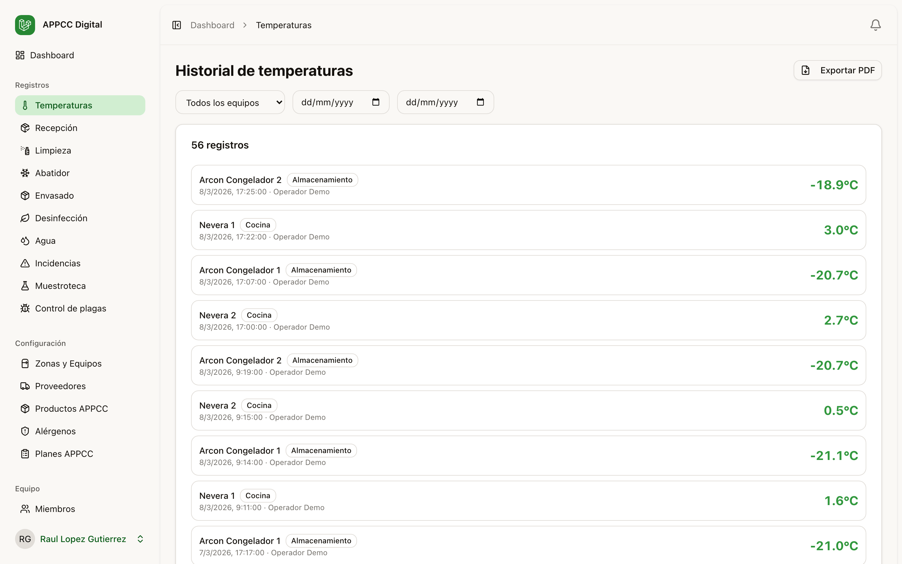 Historial de temperaturas