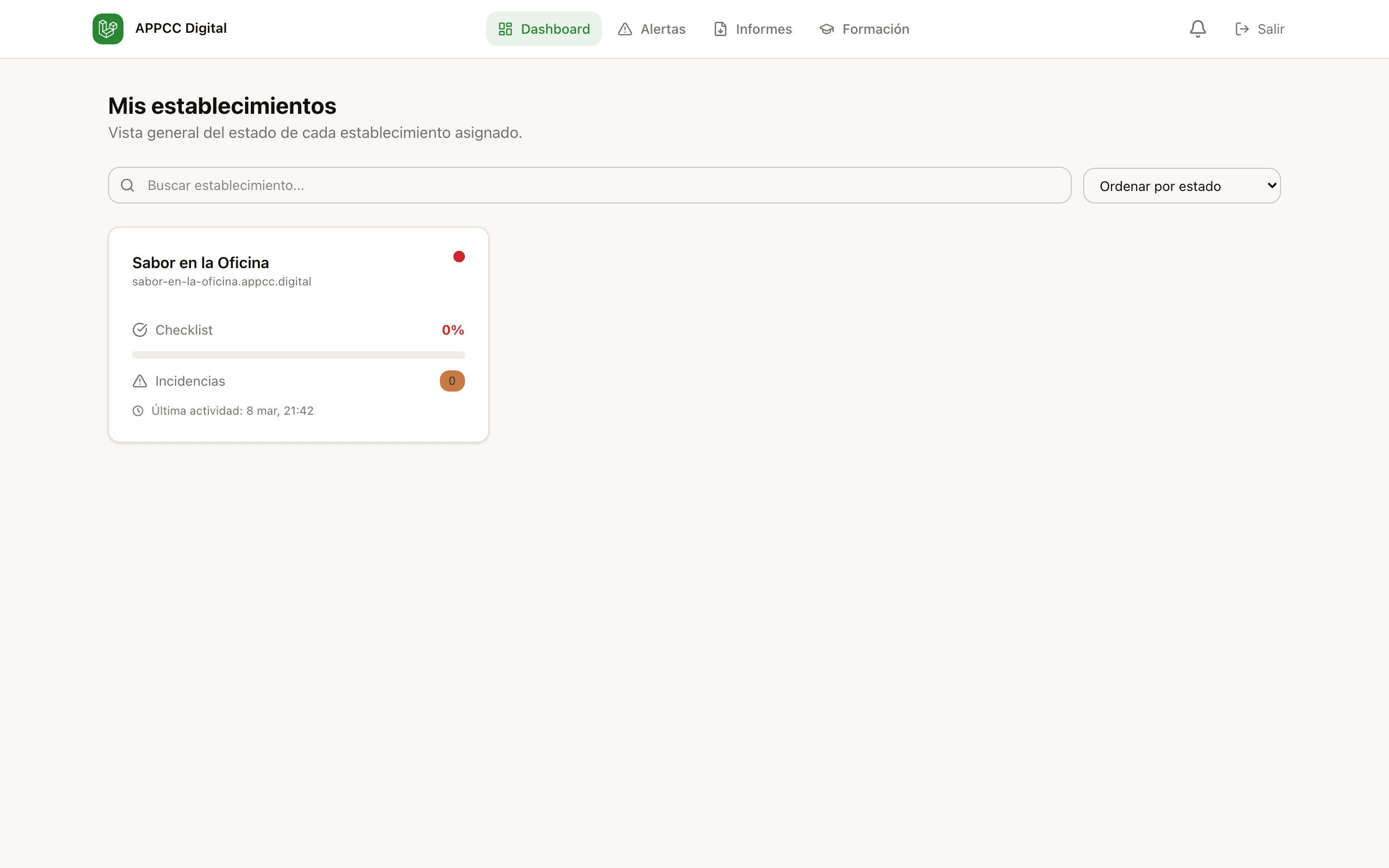 Panel del asesor sanitario — vista multi-establecimiento