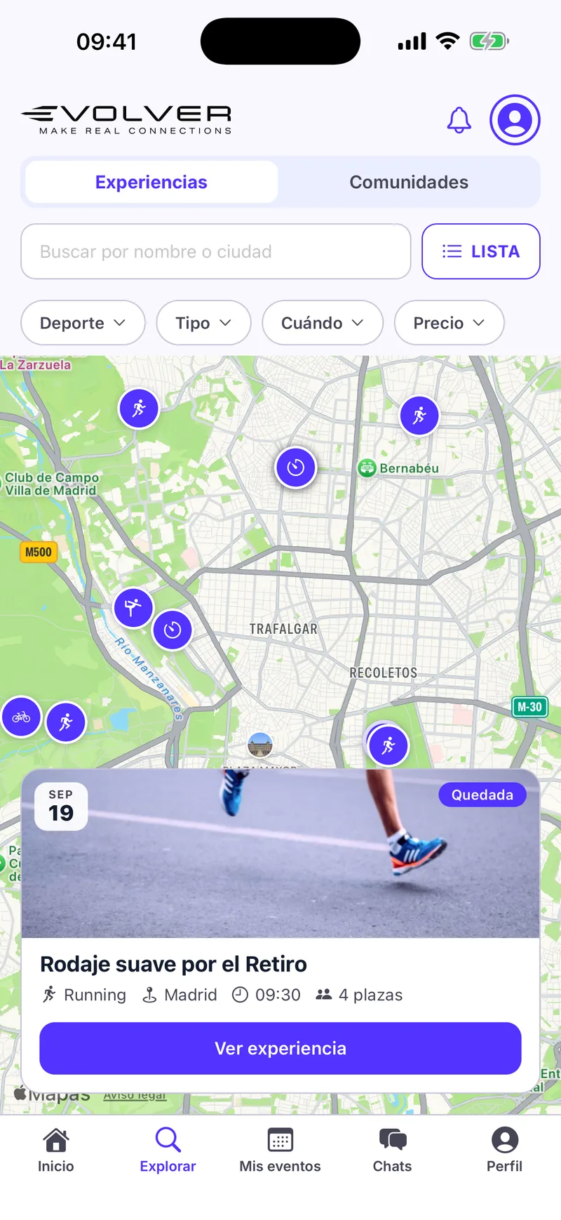 Evolver: mapa con las actividades cercanas señaladas por disciplina