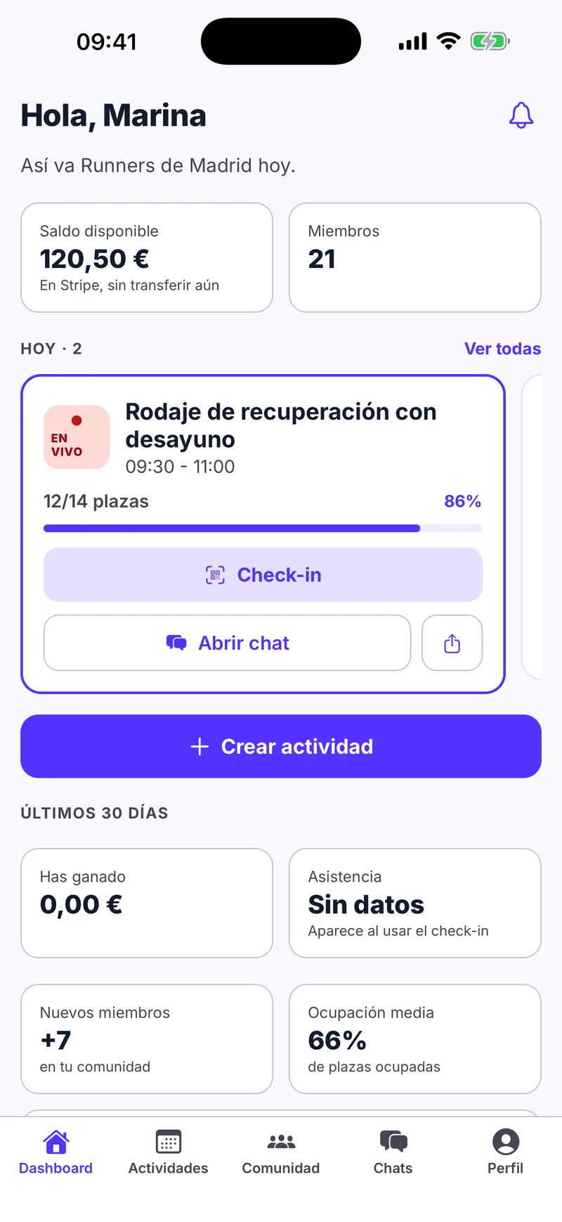 Evolver: panel de quien organiza, con su comunidad y la actividad del día
