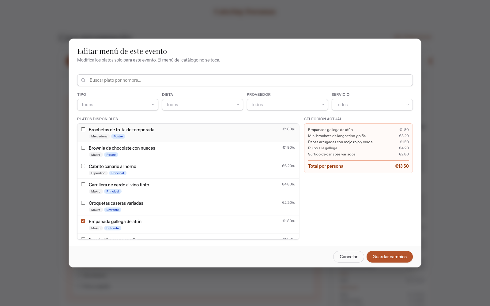 Editor de menús con coste por persona en vivo